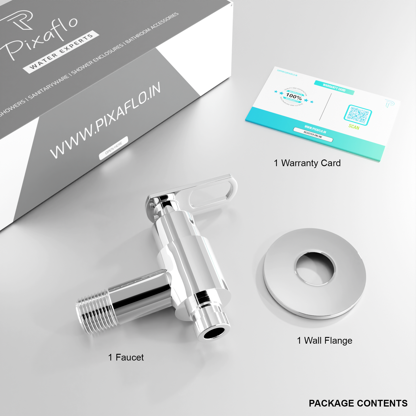 Pixaflo Cassia Brass Washing Machine Tap with Wall Flange | Chrome Finish