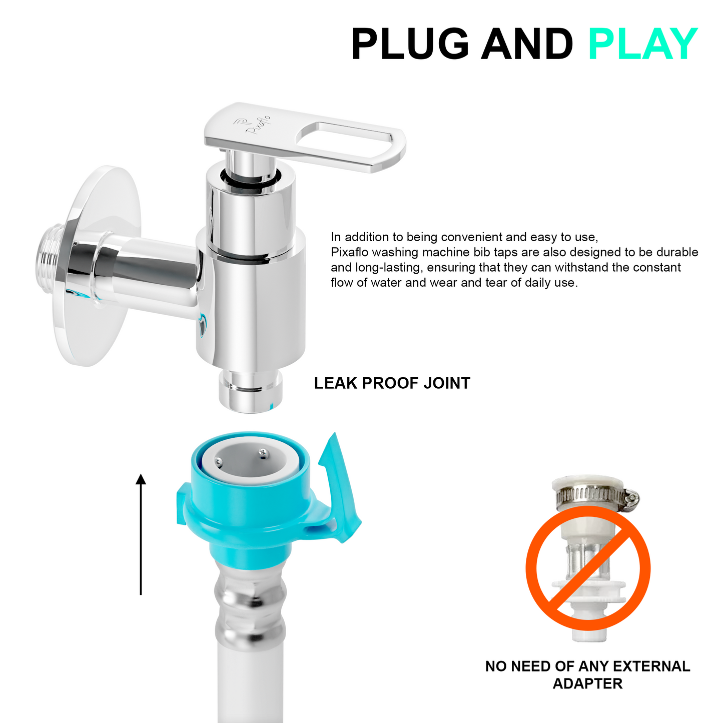 Pixaflo Cassia Brass Washing Machine Tap with Wall Flange | Chrome Finish