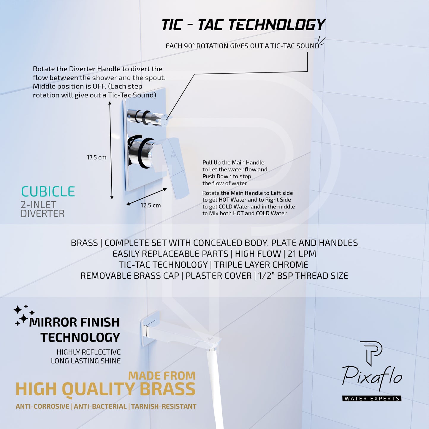 Pixaflo Brass Cubicle High Flow Single Lever 4 Way / 2 Inlet Diverter | Tic-Tac | Complete Set | Bathroom Shower System | Bathroom Mixer | Chrome Finish