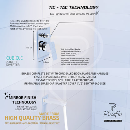 Pixaflo Brass Cubicle High Flow Single Lever 4 Way / 2 Inlet Diverter | Tic-Tac | Complete Set | Bathroom Shower System | Bathroom Mixer | Chrome Finish