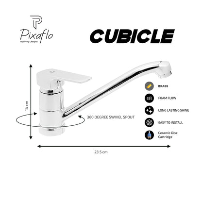 Pixaflo Cubicle Brass Single Lever Sink Mixer Table Mounted with Swivel Spout and 18 inches Long Braided Hoses | Chrome Finish