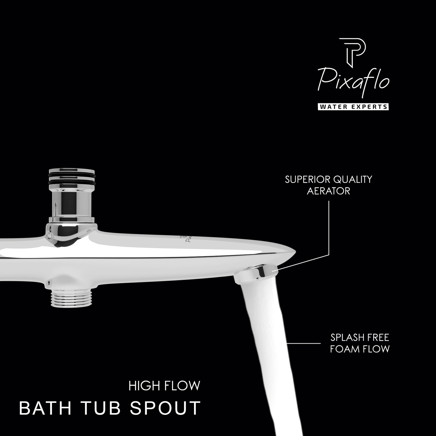 Pixaflo Concorde Brass Bath Tub Diverter Spout with Wall Flange | Tip-Ton | Chrome Finish