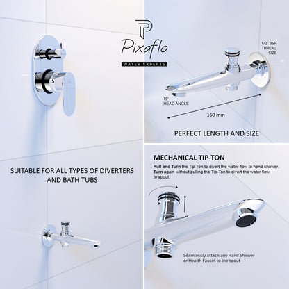 Pixaflo Concorde Brass Bath Tub Diverter Spout with Wall Flange | Tip-Ton | Chrome Finish