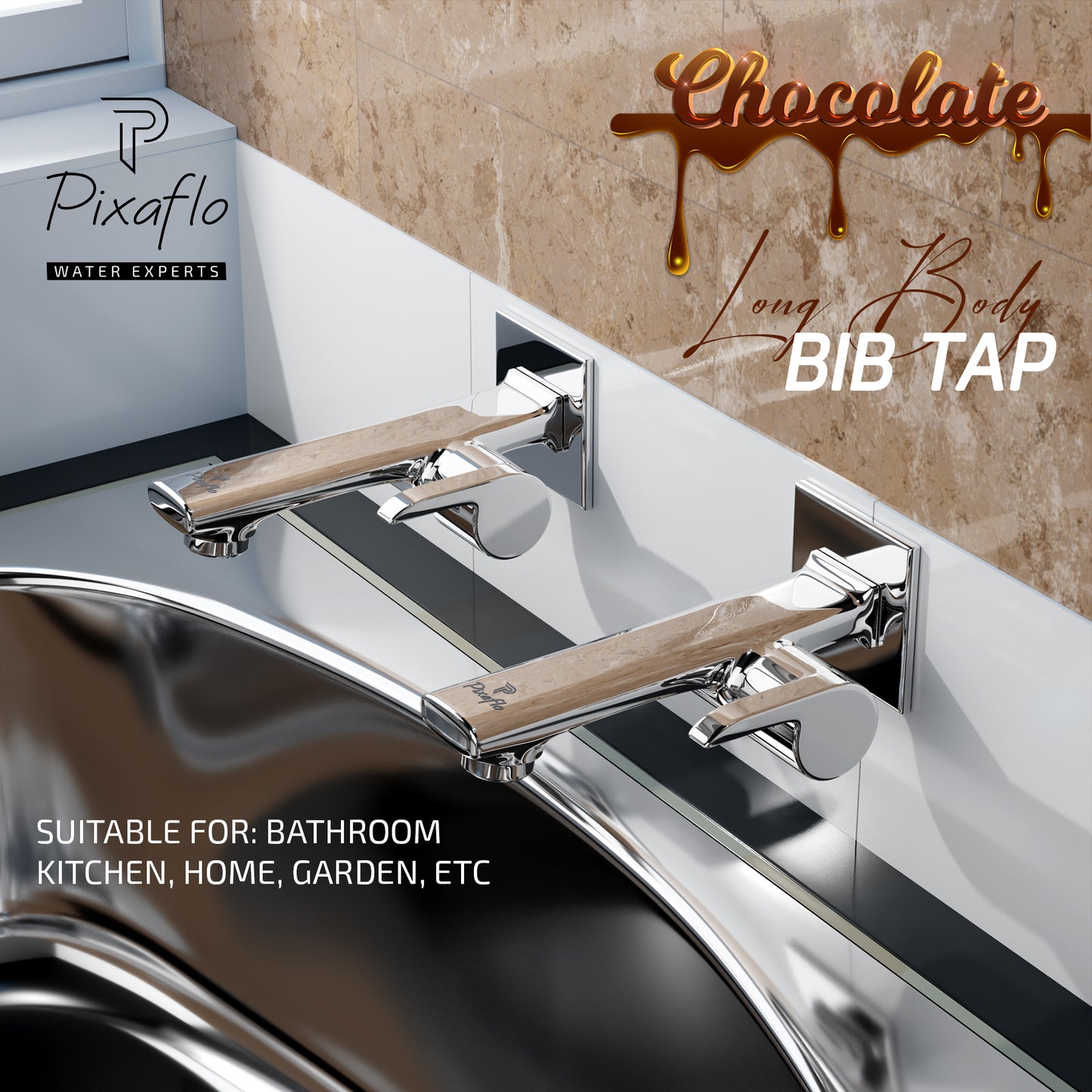 Pixaflo Chocolate Brass Long Body Bib Cock Tap with Wall Flange | Chrome