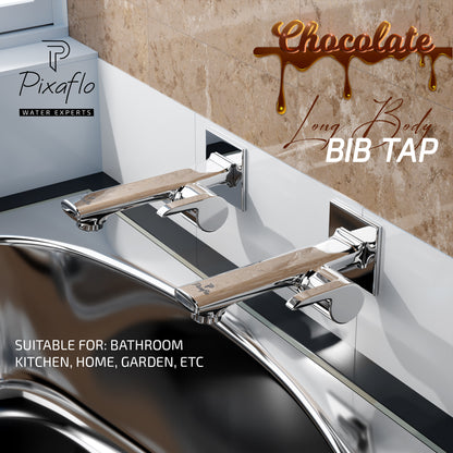Pixaflo Chocolate Brass Long Body Bib Cock Tap with Wall Flange | Chrome