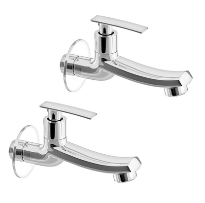 Pixaflo Concave-N Brass Long Body Bib Cock Tap with Wall Flange Combo | Chrome | Pack of 2