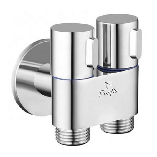 Pixaflo Compact Brass 2 Way Angle Cock | 2 in 1 Angle Valve with Wall Flange For Bathroom, Toilet, Wash Basin | Chrome Finish