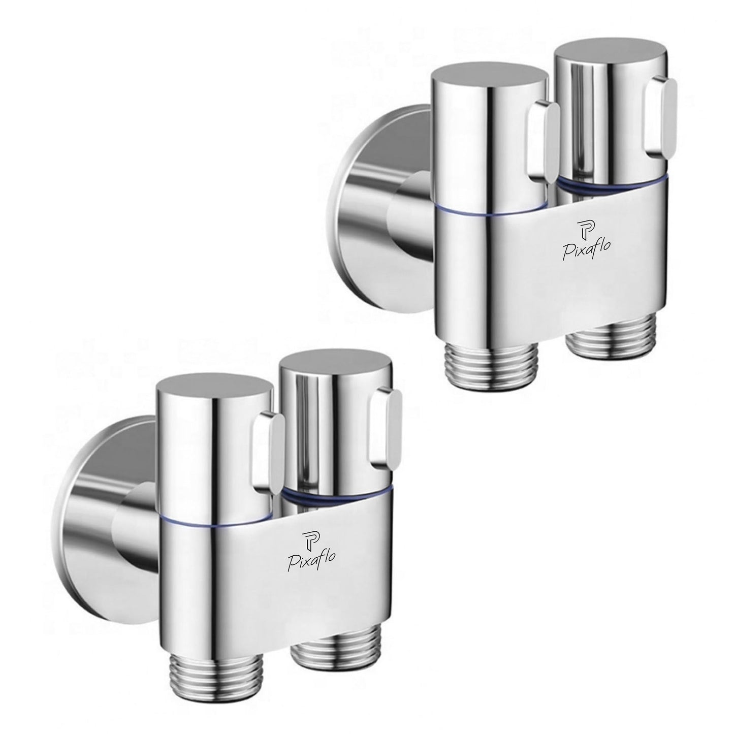 Pixaflo Compact Brass 2 Way Angle Cock Combo | 2 in 1 Angle Valve with Wall Flange For Bathroom, Toilet, Wash Basin | Chrome Finish | Pack of 2