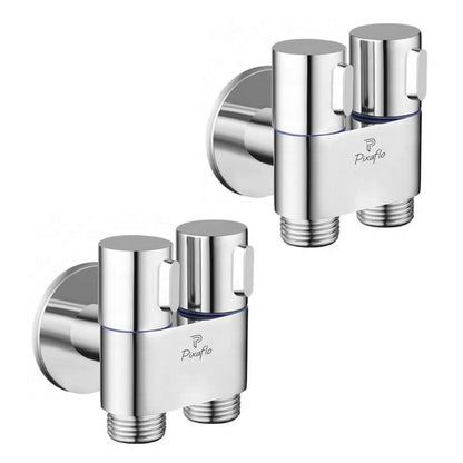 Pixaflo Compact Brass 2 Way Angle Cock Combo | 2 in 1 Angle Valve with Wall Flange For Bathroom, Toilet, Wash Basin | Chrome Finish | Pack of 2