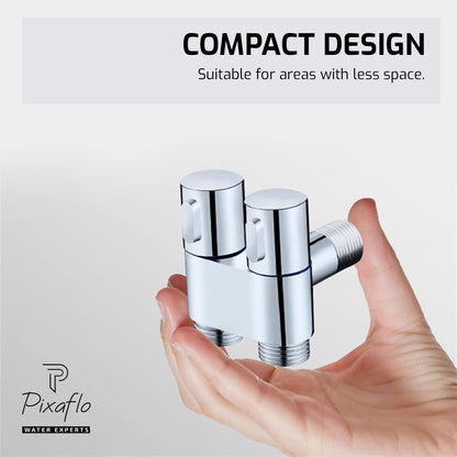 Pixaflo Compact Brass 2 Way Angle Cock Combo | 2 in 1 Angle Valve with Wall Flange For Bathroom, Toilet, Wash Basin | Chrome Finish | Pack of 2