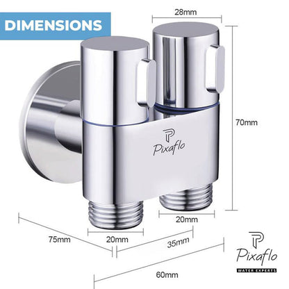 Pixaflo Compact Brass 2 Way Angle Cock Combo | 2 in 1 Angle Valve with Wall Flange For Bathroom, Toilet, Wash Basin | Chrome Finish | Pack of 2