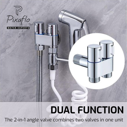 Pixaflo Compact Brass 2 Way Angle Cock Combo | 2 in 1 Angle Valve with Wall Flange For Bathroom, Toilet, Wash Basin | Chrome Finish | Pack of 2