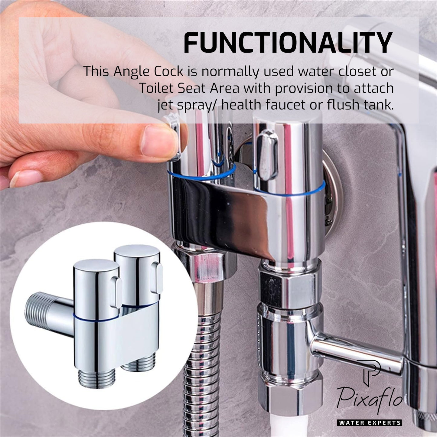 Pixaflo Compact Brass 2 Way Angle Cock Combo | 2 in 1 Angle Valve with Wall Flange For Bathroom, Toilet, Wash Basin | Chrome Finish | Pack of 2