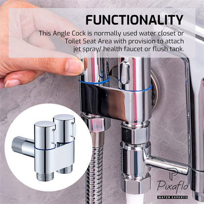 Pixaflo Compact Brass 2 Way Angle Cock Combo | 2 in 1 Angle Valve with Wall Flange For Bathroom, Toilet, Wash Basin | Chrome Finish | Pack of 2