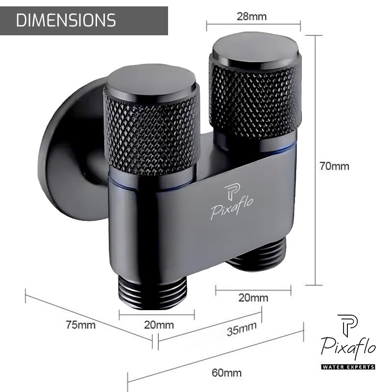Pixaflo Compact Brass 2 Way Angle Cock | 2 in 1 Angle Valve with Wall Flange For Bathroom, Toilet, Wash Basin | Matte Black