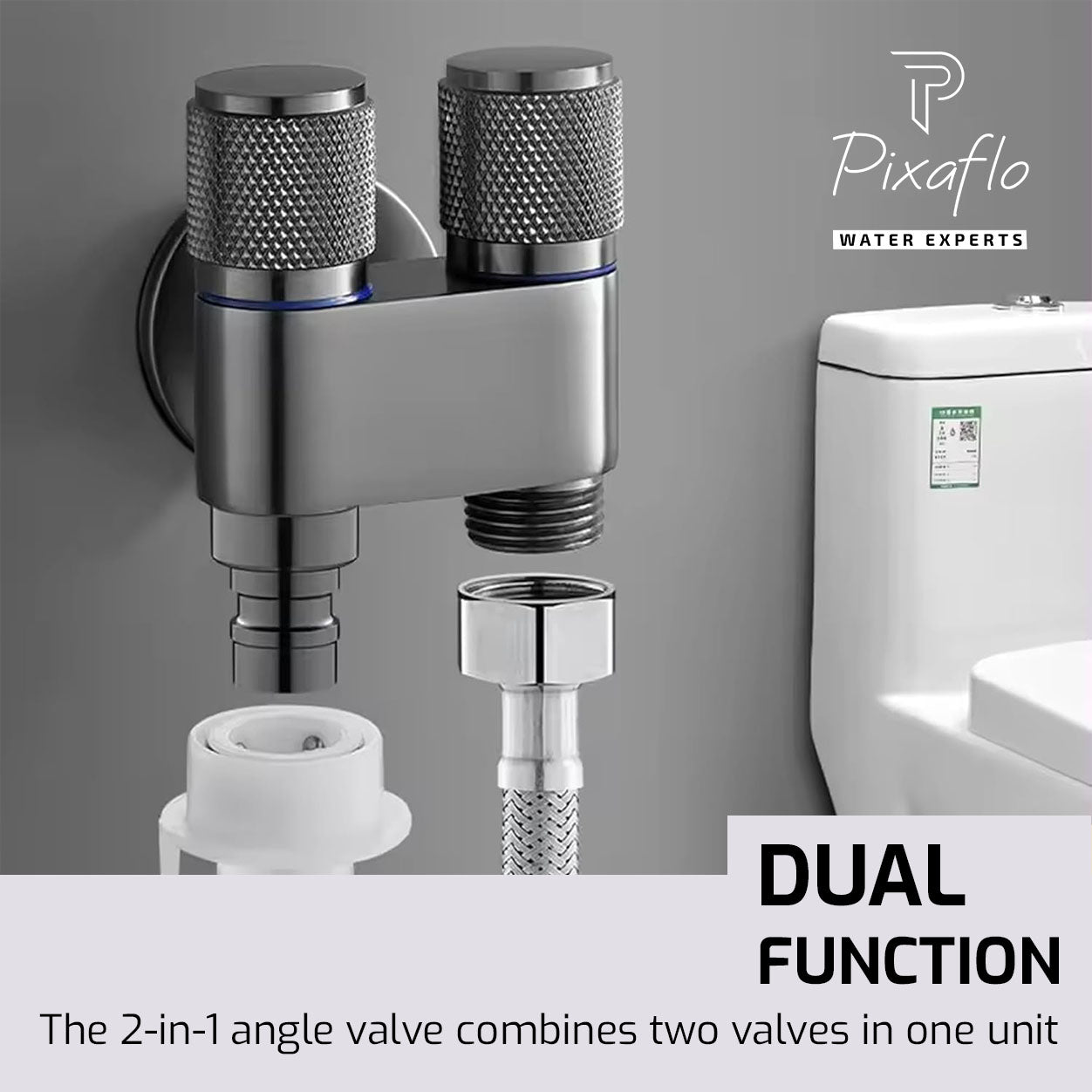 Pixaflo Compact Brass 2 Way Angle Cock | 2 in 1 Angle Valve with Wall Flange For Bathroom, Toilet, Wash Basin | Matte Black