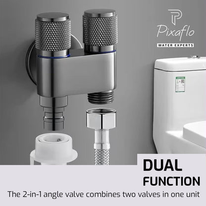 Pixaflo Compact Brass 2 Way Angle Cock | 2 in 1 Angle Valve with Wall Flange For Bathroom, Toilet, Wash Basin | Matte Black