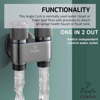 Pixaflo Compact Brass 2 Way Angle Cock | 2 in 1 Angle Valve with Wall Flange For Bathroom, Toilet, Wash Basin | Matte Black