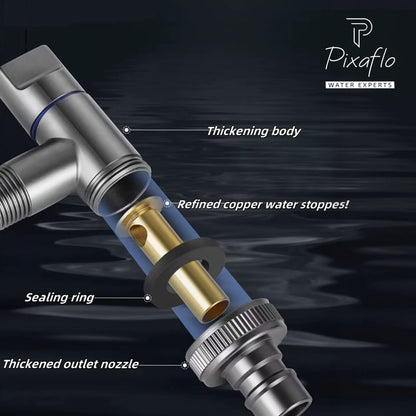 Pixaflo Stainless Steel Laundry Washing Machine Faucet | Outdoor Water Spigot with Handle | Multi-Use Hose Connector Tap, Dishwasher Faucet & Angle Cock – Black (Matte Finish)