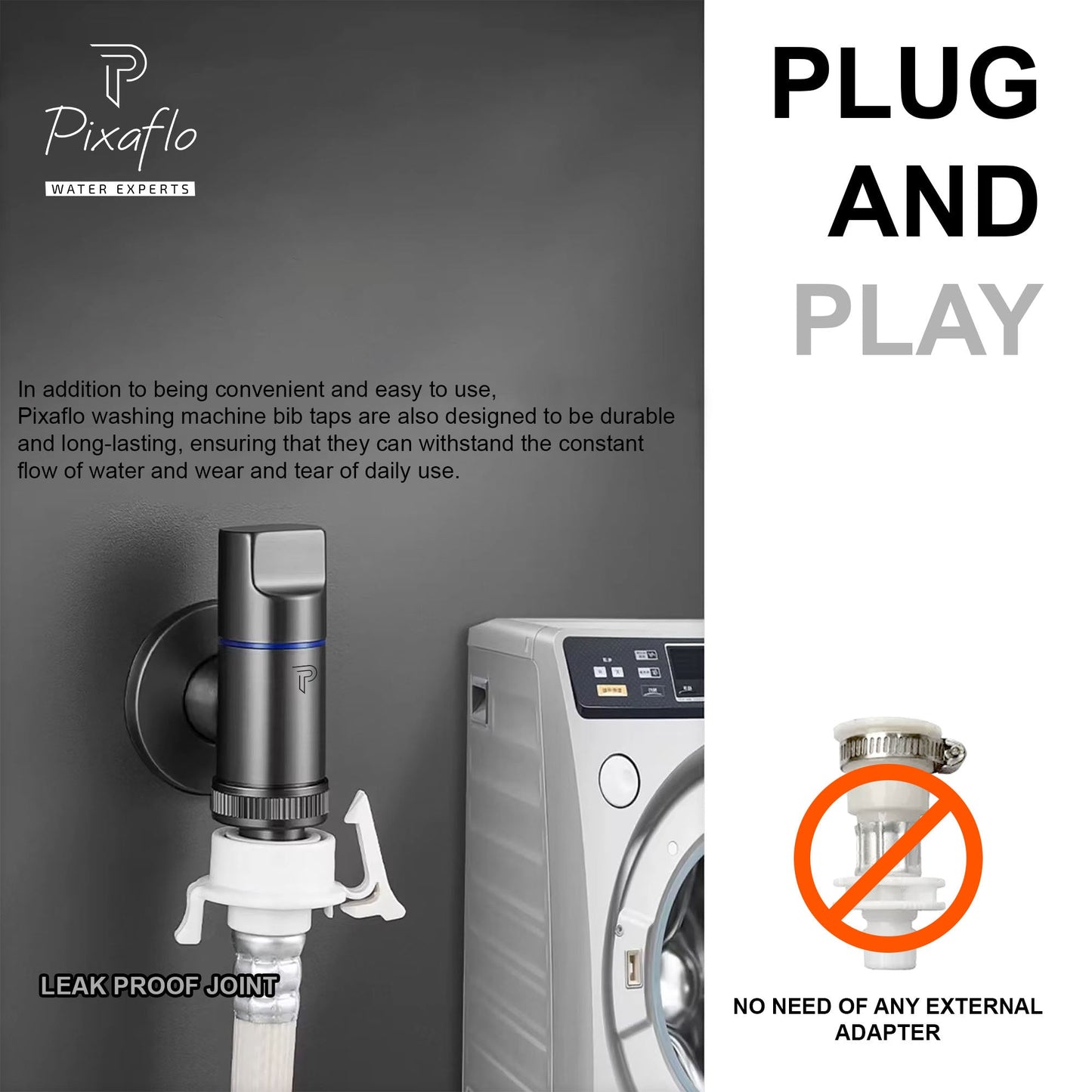 Pixaflo Stainless Steel Laundry Washing Machine Faucet | Outdoor Water Spigot with Handle | Multi-Use Hose Connector Tap, Dishwasher Faucet & Angle Cock – Black (Matte Finish)