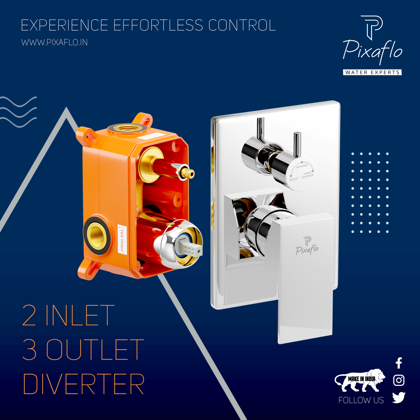 Pixaflo Brass Single Lever 3 Outlet 2 Inlet Diverter Full Set | Chrome | Tic-Tac | Crux