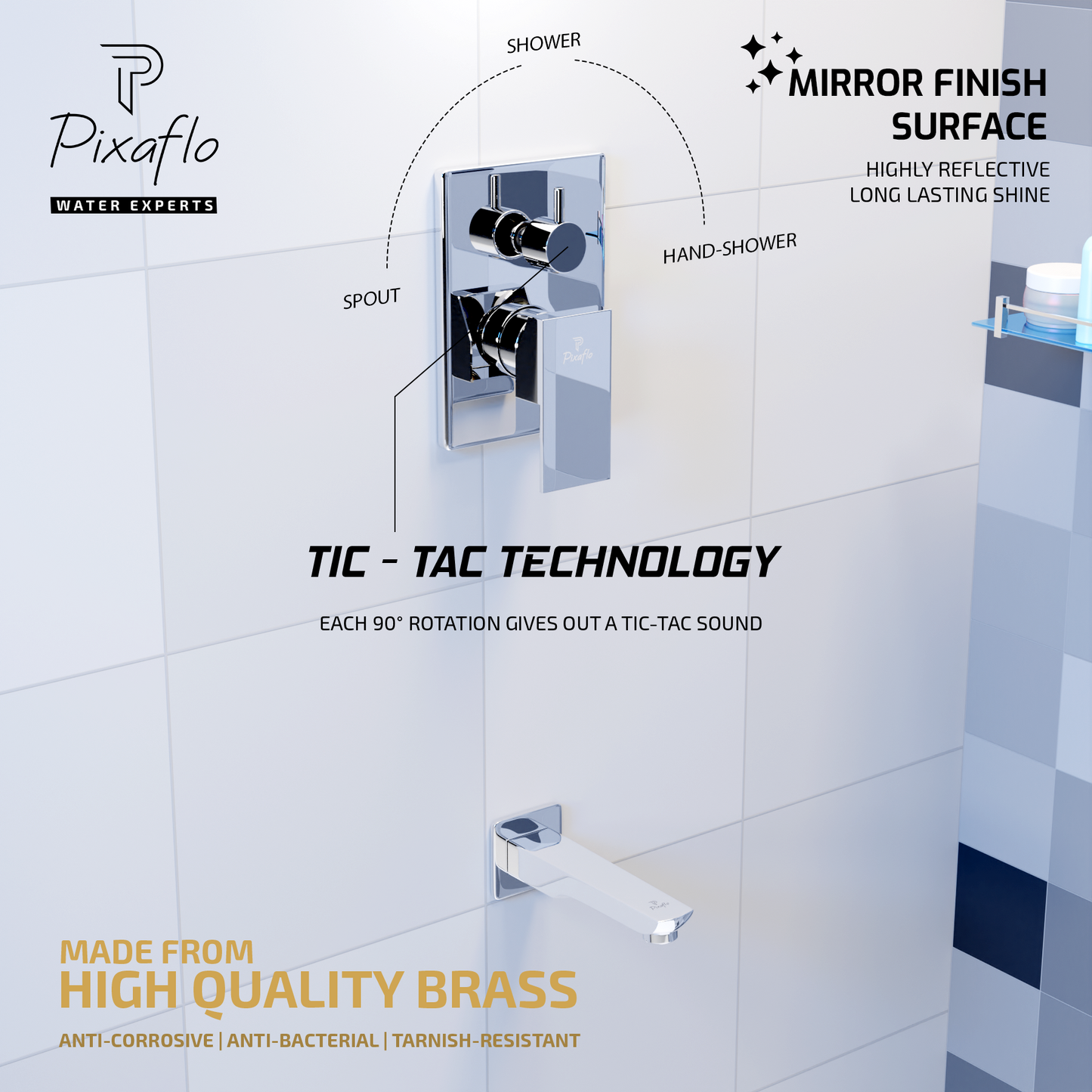 Pixaflo Brass Single Lever 3 Outlet 2 Inlet Diverter Full Set | Chrome | Tic-Tac | Crux