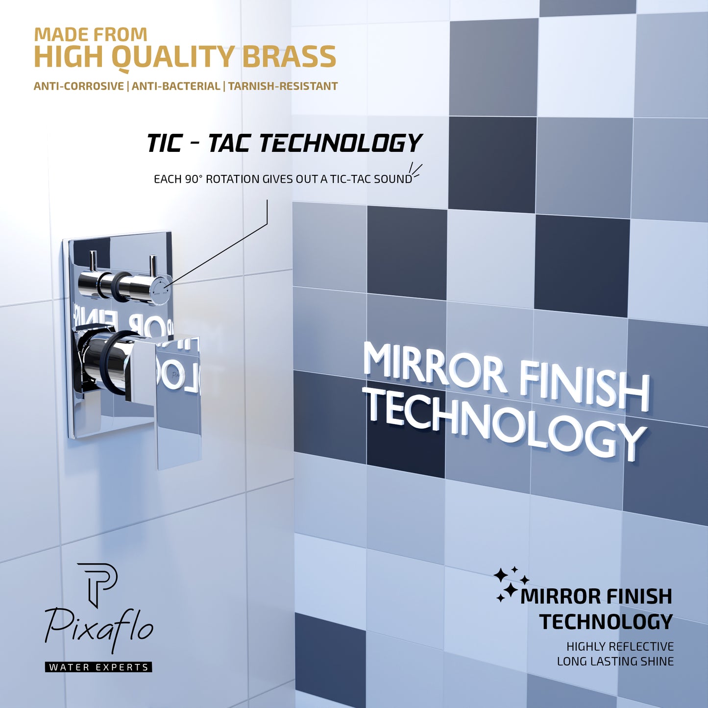 Pixaflo Brass Crux High Flow Single Lever 4 Way / 2 Inlet Diverter | Tic-Tac | Complete Set | Bathroom Shower System | Bathroom Mixer | Chrome Finish