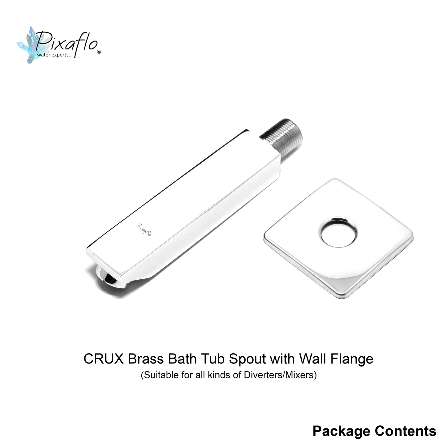 Pixaflo Crux Brass Bath Tub Spout with Wall Flange | High Flow | Chrome