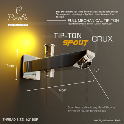 Pixaflo Crux Brass Bath Tub Diverter Spout with Wall Flange | Tip-Ton | Chrome Finish