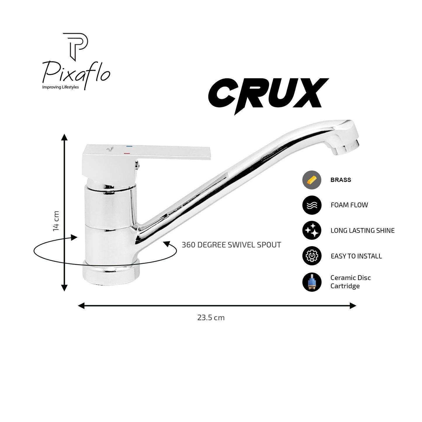 Pixaflo Crux Brass Single Lever Sink Mixer Table Mounted with Swivel Spout and 18 inches Long Braided Hoses | Chrome Finish