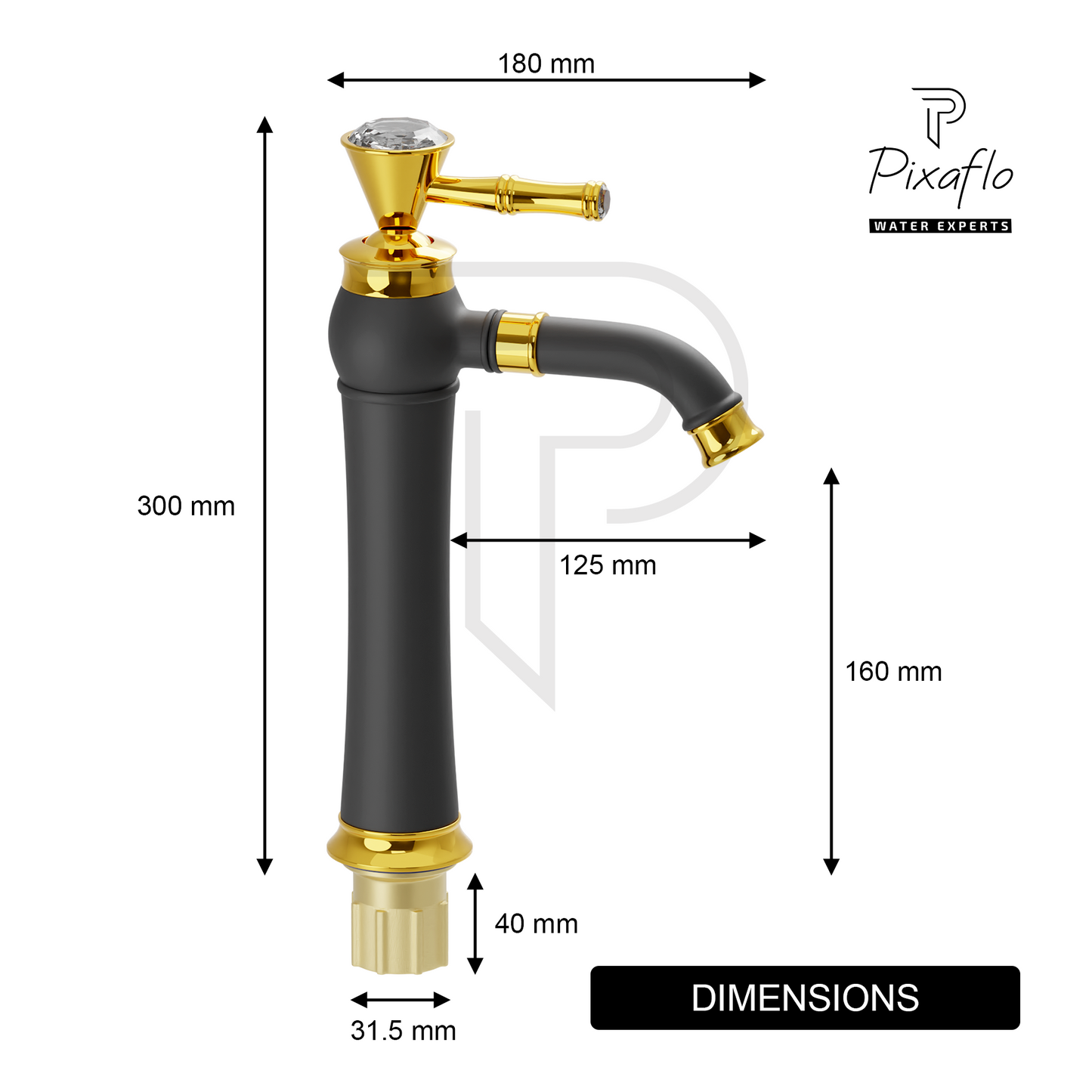 Pixaflo Crystal Extended Tall Body Hot & Cold Single Lever Basin Mixer 12" Premium Luxury Tap with 24 inches Long Braided Hoses | Black Gold