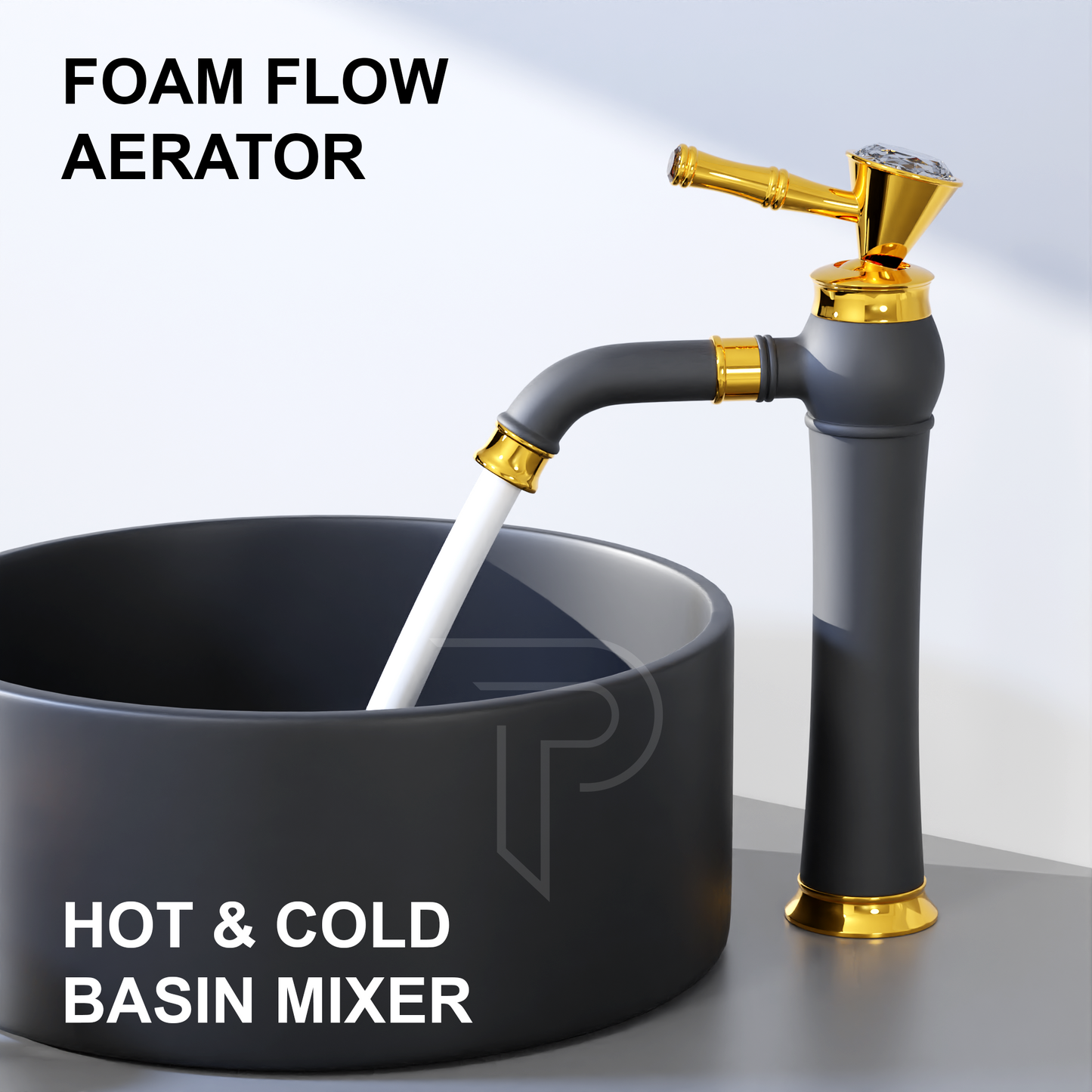 Pixaflo Crystal Extended Tall Body Hot & Cold Single Lever Basin Mixer 12" Premium Luxury Tap with 24 inches Long Braided Hoses | Black Gold