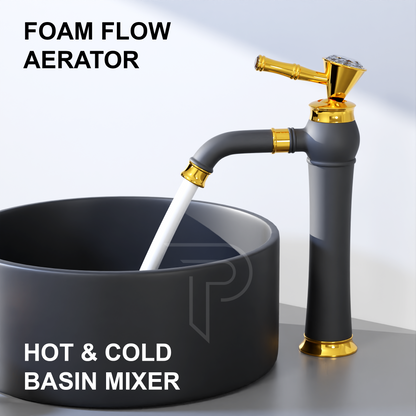 Pixaflo Crystal Extended Tall Body Hot & Cold Single Lever Basin Mixer 12" Premium Luxury Tap with 24 inches Long Braided Hoses | Black Gold