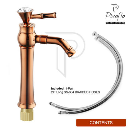Pixaflo Crystal Extended Tall Body Hot & Cold Single Lever Basin Mixer 12" Premium Luxury Tap with 24 inches Long Braided Hoses | Rose Gold