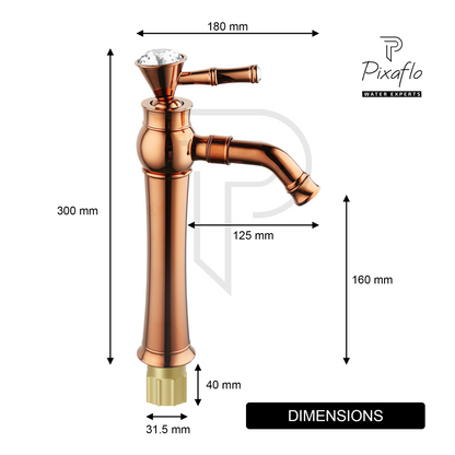 Pixaflo Crystal Extended Tall Body Hot & Cold Single Lever Basin Mixer 12" Premium Luxury Tap with 24 inches Long Braided Hoses | Rose Gold