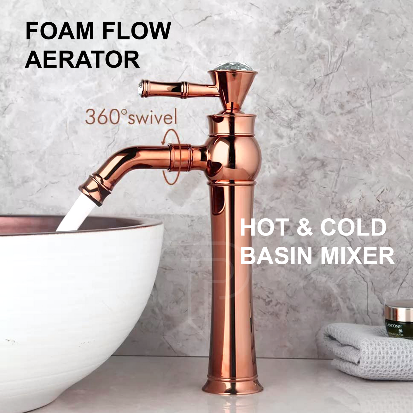 Pixaflo Crystal Extended Tall Body Hot & Cold Single Lever Basin Mixer 12" Premium Luxury Tap with 24 inches Long Braided Hoses | Rose Gold