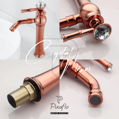 Pixaflo Crystal Extended Tall Body Hot & Cold Single Lever Basin Mixer 12" Premium Luxury Tap with 24 inches Long Braided Hoses | Rose Gold