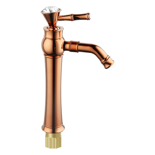 Pixaflo Crystal Extended Tall Body Hot & Cold Single Lever Basin Mixer 12" Premium Luxury Tap with 24 inches Long Braided Hoses | Rose Gold