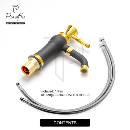 Pixaflo Crystal Extended Tall Body Hot & Cold Single Lever Basin Mixer Premium Luxury Tap with 18 inches Long Braided Hoses | Black Gold