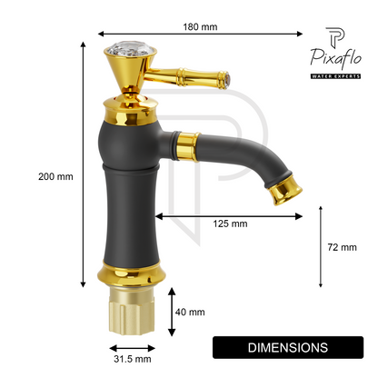 Pixaflo Crystal Extended Tall Body Hot & Cold Single Lever Basin Mixer Premium Luxury Tap with 18 inches Long Braided Hoses | Black Gold
