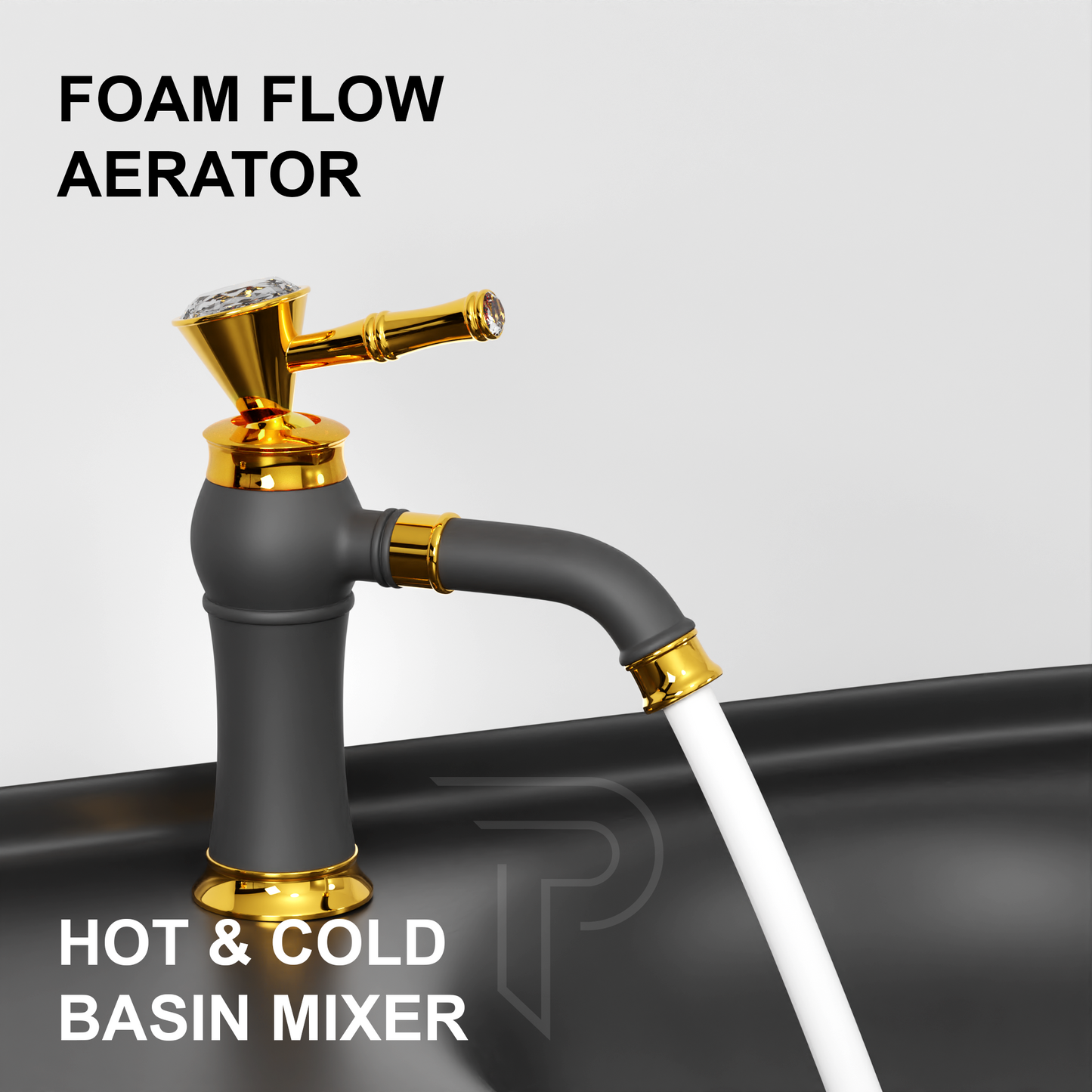 Pixaflo Crystal Extended Tall Body Hot & Cold Single Lever Basin Mixer Premium Luxury Tap with 18 inches Long Braided Hoses | Black Gold