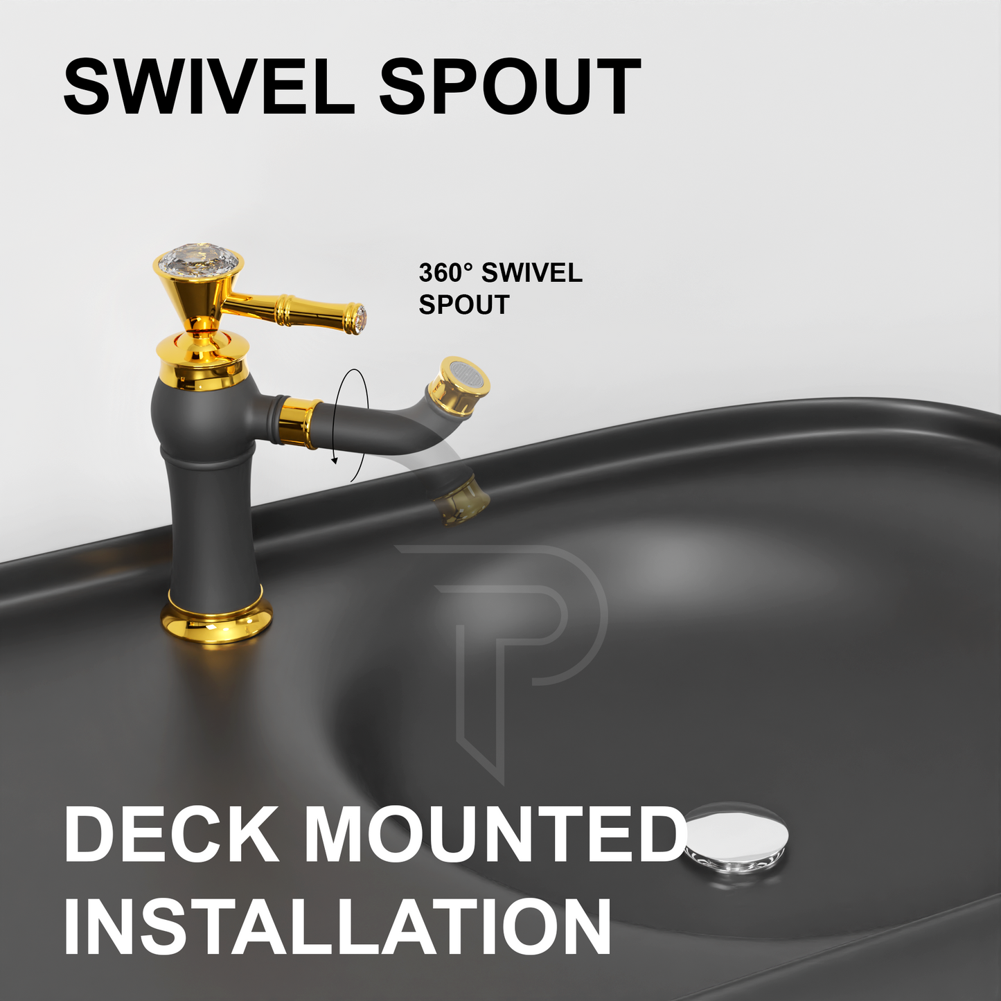 Pixaflo Crystal Extended Tall Body Hot & Cold Single Lever Basin Mixer Premium Luxury Tap with 18 inches Long Braided Hoses | Black Gold