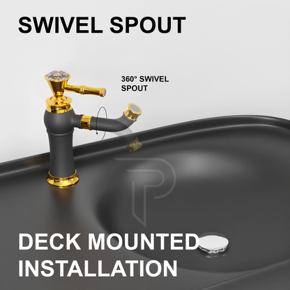 Pixaflo Crystal Extended Tall Body Hot & Cold Single Lever Basin Mixer Premium Luxury Tap with 18 inches Long Braided Hoses | Black Gold