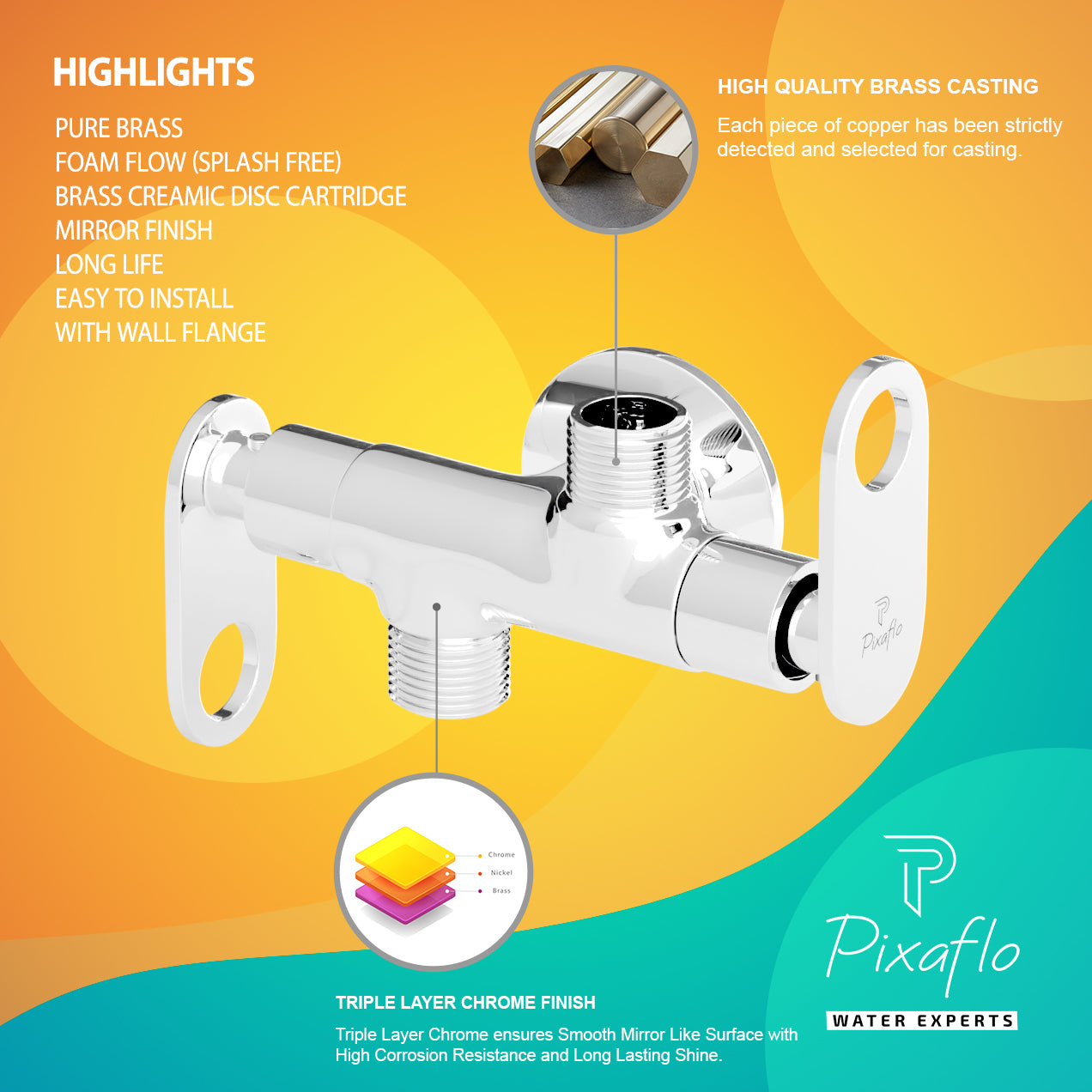 Pixaflo Curio Brass 2 Way Angle Cock Combo | 2 in 1 Angle Valve with Wall Flange For Bathroom, Toilet, Wash Basin | Chrome Finish | Pack of 2