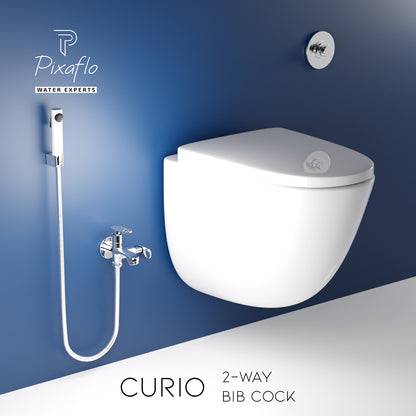 Pixaflo Curio Brass 2 Way Bib Cock Tap | 2 in 1 Wall Mounted Faucet with Wall Flange | Chrome Finish