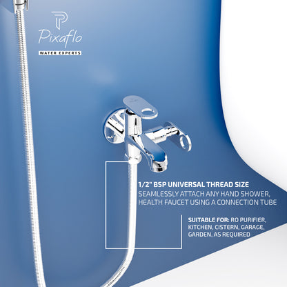 Pixaflo Curio Brass 2 Way Bib Cock Tap | 2 in 1 Wall Mounted Faucet with Wall Flange | Chrome Finish