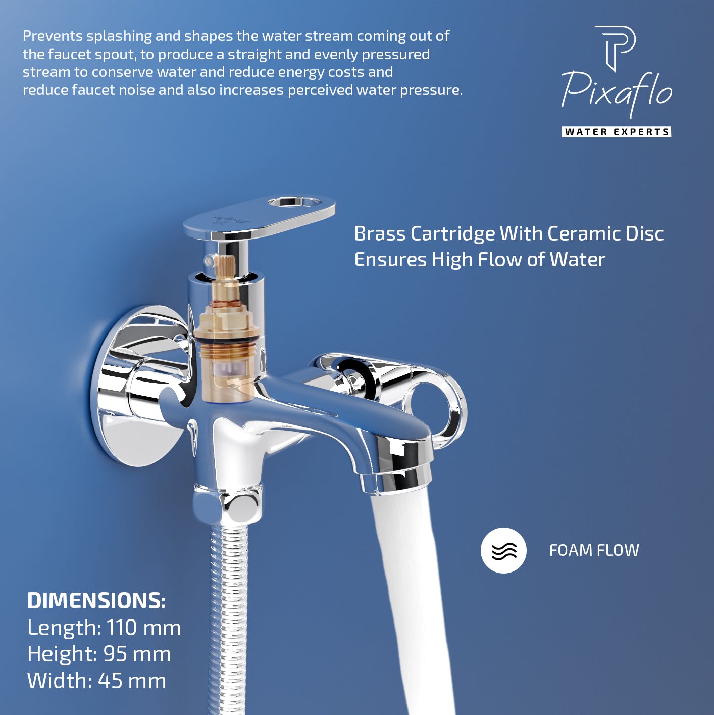 Pixaflo Curio Brass 2 Way Bib Cock Tap | 2 in 1 Wall Mounted Faucet with Wall Flange | Chrome Finish