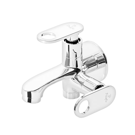 Pixaflo Curio Brass 2 Way Bib Cock Tap | 2 in 1 Wall Mounted Faucet with Wall Flange | Chrome Finish