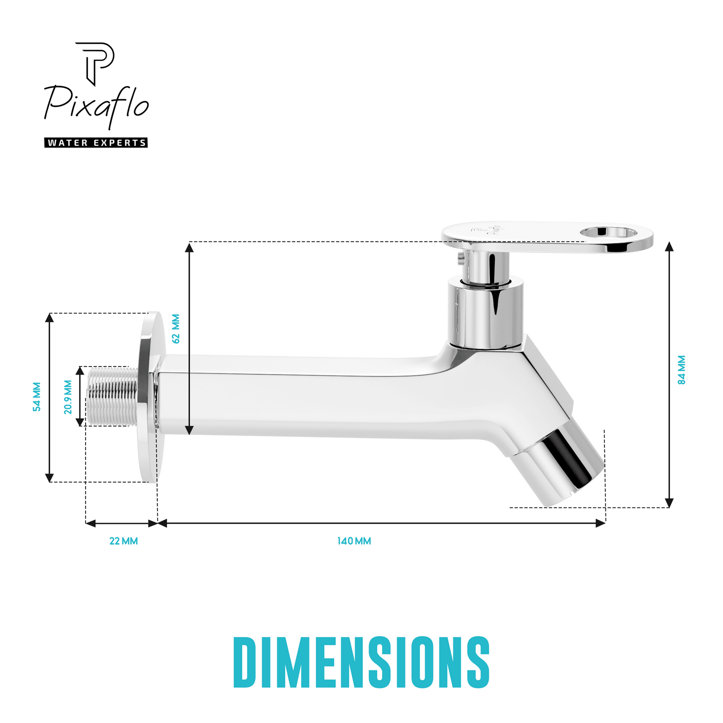 Pixaflo META-O Brass Long Body Bib Cock Tap with Wall Flange | Chrome