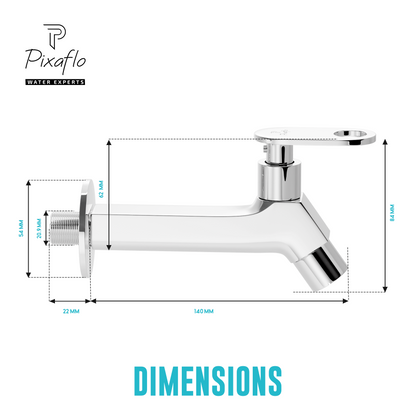 Pixaflo META-O Brass Long Body Bib Cock Tap with Wall Flange | Chrome